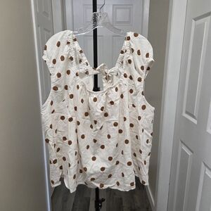 Penningtons Linen And Viscose Blend Plus Size White and Brown Polka Dot Top